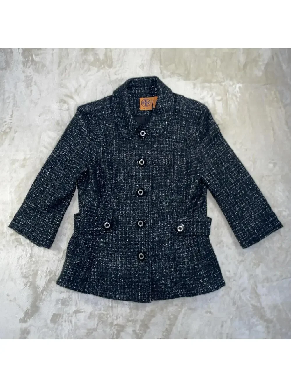 Tory Birch Black & Silver Metallic Tweed Blazer Jacket 3/4 Length Sleeves Sz 4